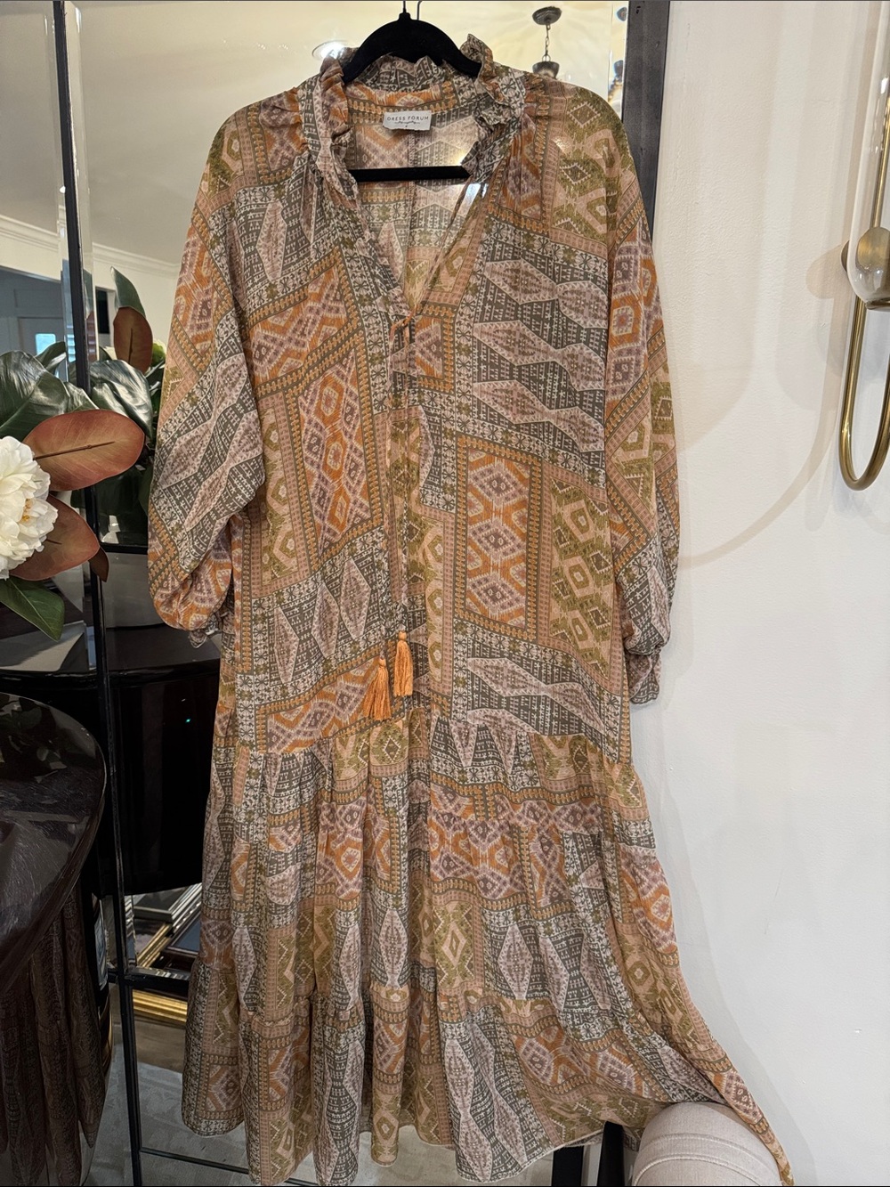 Dress Forum Olive & Tan Patterned Long Sleeve Midi Dress